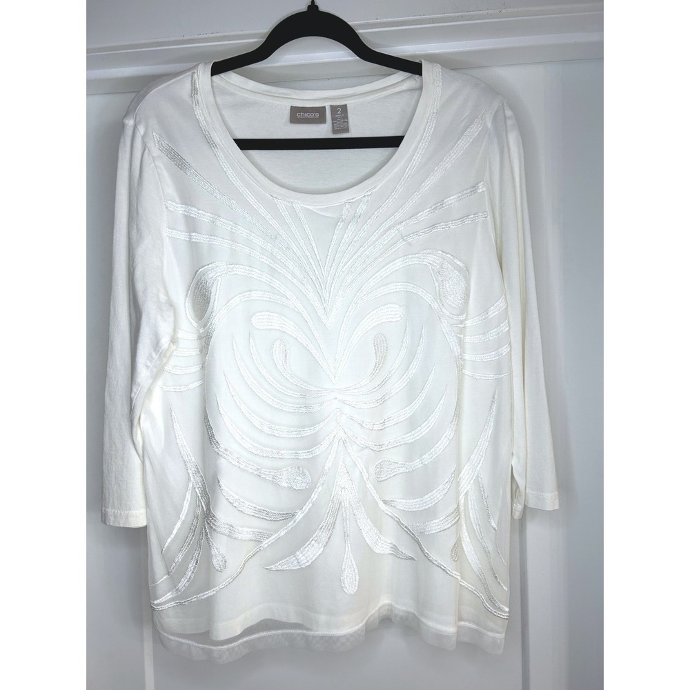 Chicos White Embroidered Mesh Overlay 3/4 Sleeve Knit Top Size 2 L Large RN79984